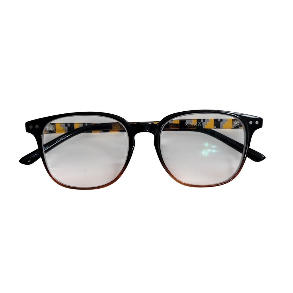 Zenni Optical Square Glasses Unisex Black Amber Pixel Checkerboard Frames